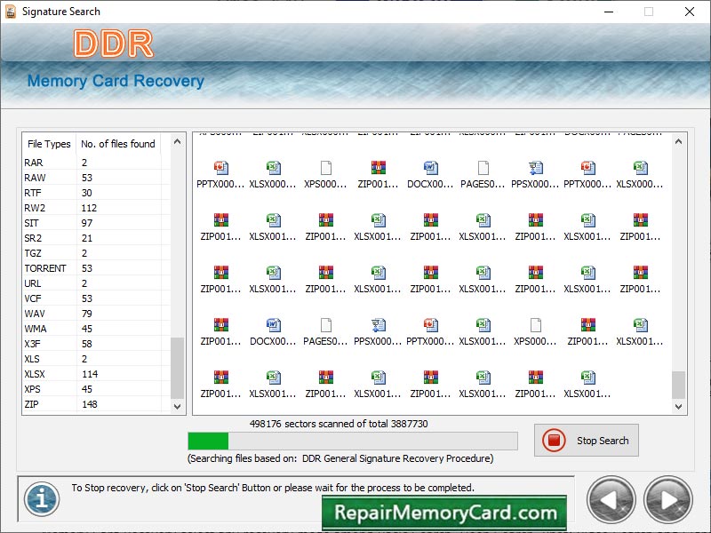 Screenshot of Memory Card Data Restoring Program