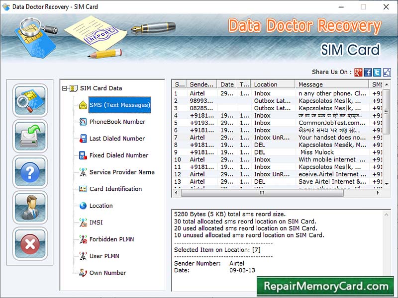 Screenshot of SIM Card Data Recovery Application